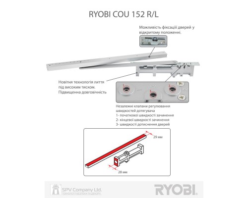Доводчик врезной RYOBI COU-50 COU-152_R ALUMINIUM SLD_HO_ARM EN_2 45кг 900мм LEFT