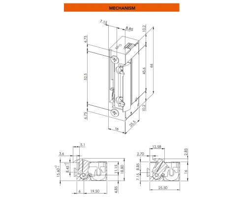 Защелка электромеханическая DORCAS 99-2 NDF FaFix (W/O_SP 10-24V_AC/DC) НЗ_Е универсальная с узким корпусом