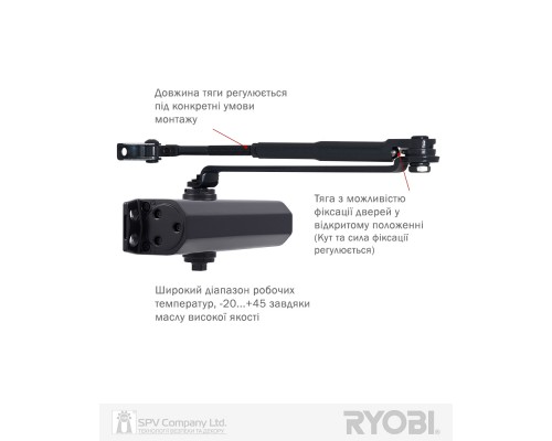 Доводчик накладной RYOBI *1500 DS-1554 GREY_ANTHRACITE STD_HO_ARM EN_2/3/4 до_80кг 1100мм