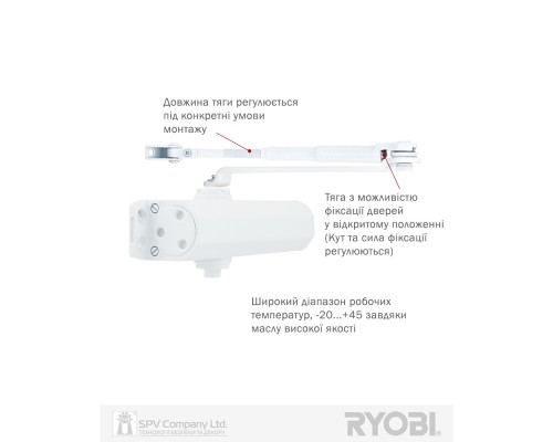 Доводчик накладной RYOBI 2000 DS-2005V WHITE BC STD_HO_ARM EN_3/4/5 до_100кг 1250мм