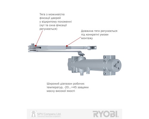 Доводчик накладной RYOBI 4550 DS-4550 SILVER BC/DA STD_HO_ARM EN_2-7+ до_200кг 1600мм